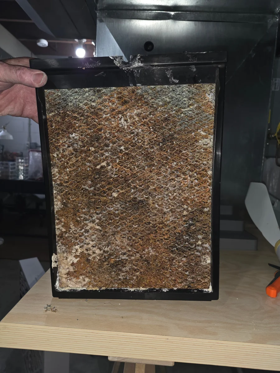 An HVAC media panel on the bench after removal